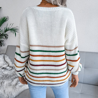 Women's Rainbow Striped Casual Loose Sweater