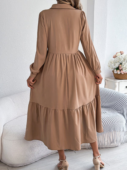 Collared Long Sleeve Tiered Shirt Dress