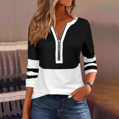 Women's Color Block Quarter Zip Long Sleeve Plus Size Top