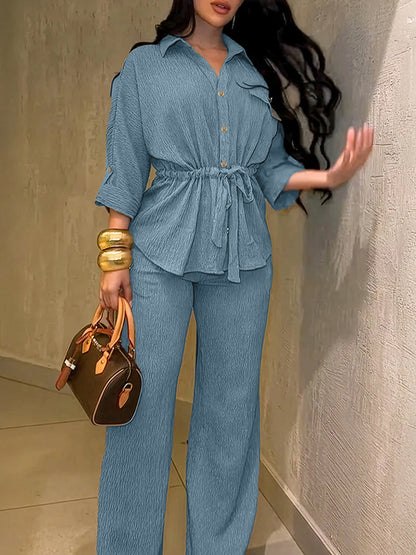Women's Collared Button Down Shirt Wide Leg Pants 2PC Set