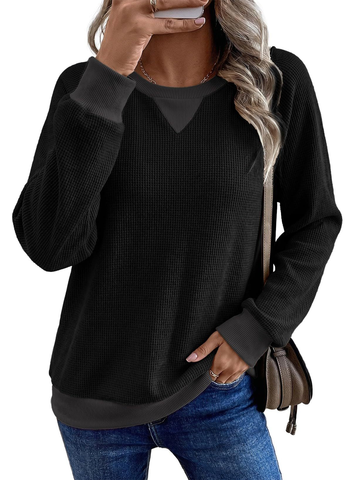 Women's Waffle Knit Color Block Long Sleeve Top