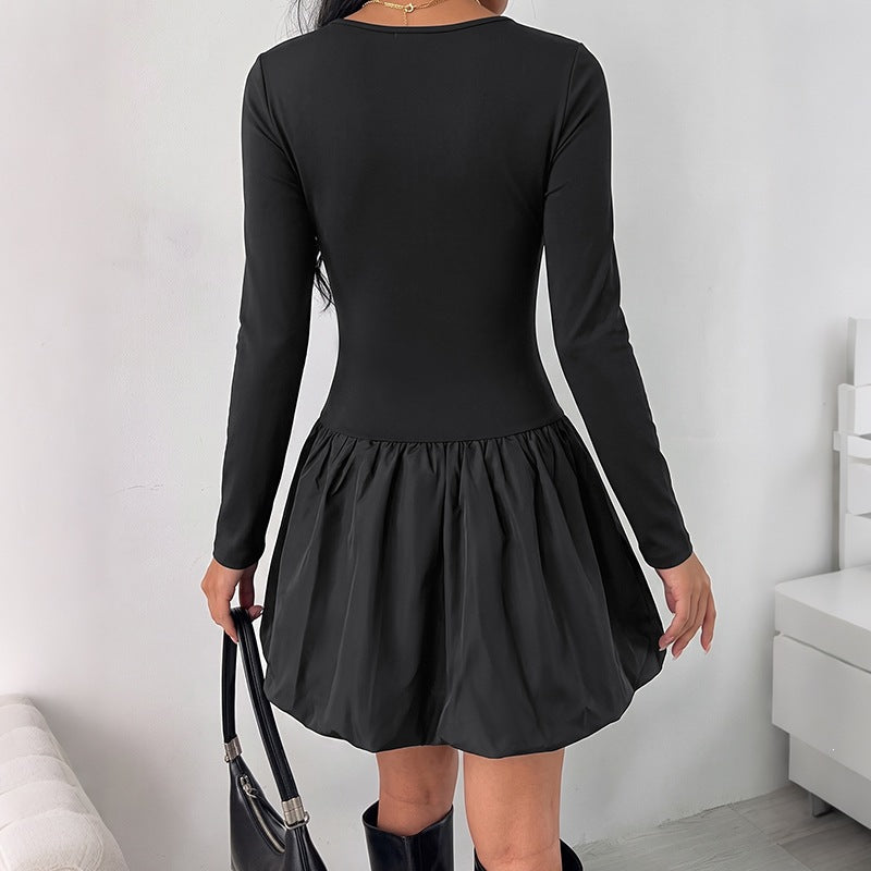 Solid Square Neck Bubble Hem Long Sleeve Mini Dress