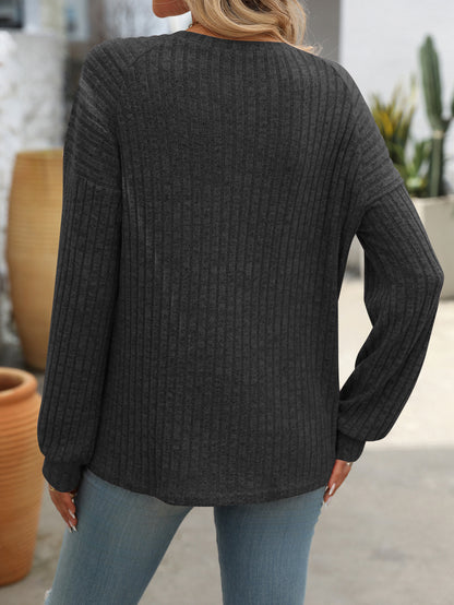 Women's Ribbed Knit Button Shoulder Long Sleeve Sweater