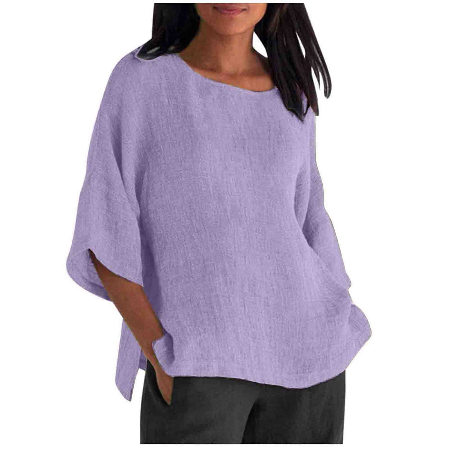 Women's Linen Top Oversized 3/4 Sleeve Round Neck 25 Colors