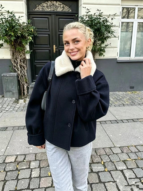 Women's Faux Fur Collar Wool Blend Short Jacket