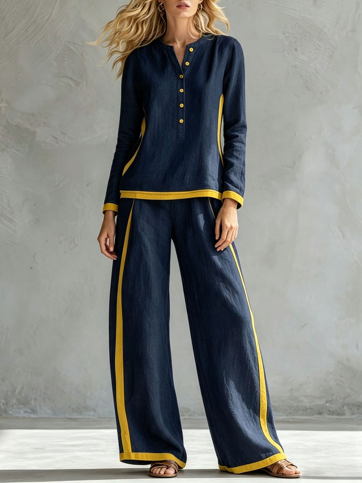 Women's Colorblock Wide Leg Pant Set Button Front Top