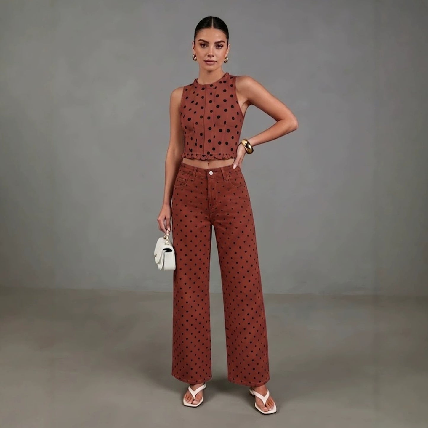 Women's Polka Dot High Waist Wide Leg Washed Denim Jeans