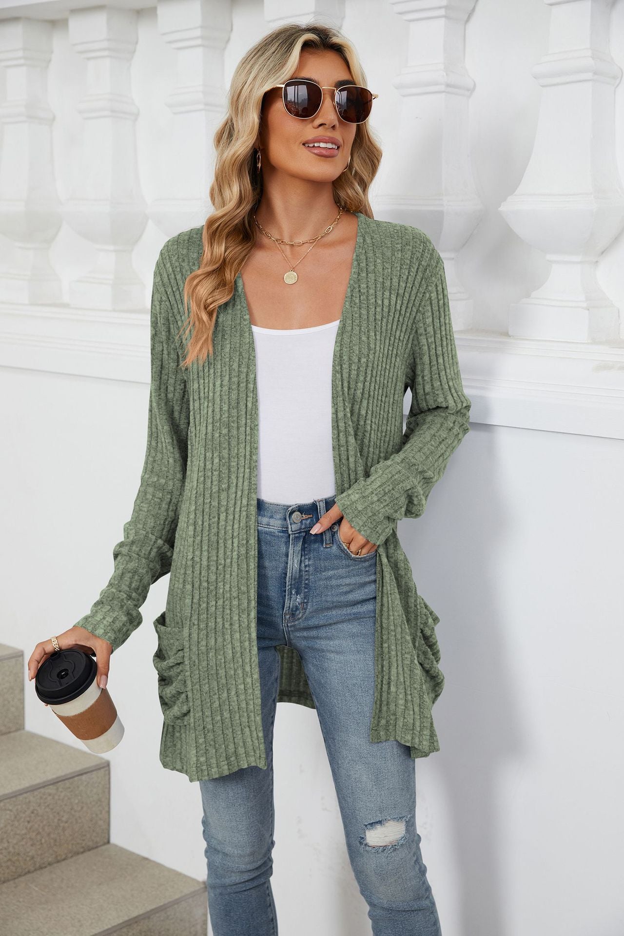 Simple Pocketed Long Sleeve Cardigan Knit Top