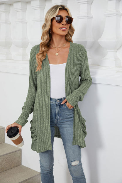 Simple Pocketed Long Sleeve Cardigan Knit Top