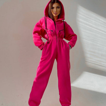 Women's Oversized Zip-Up Hooded Fleece Jumpsuit