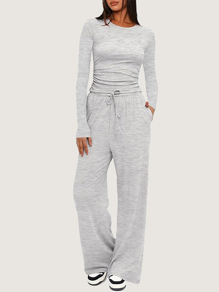 Women's Ruched Long Sleeve Top Wide Leg Pants Lounge Set