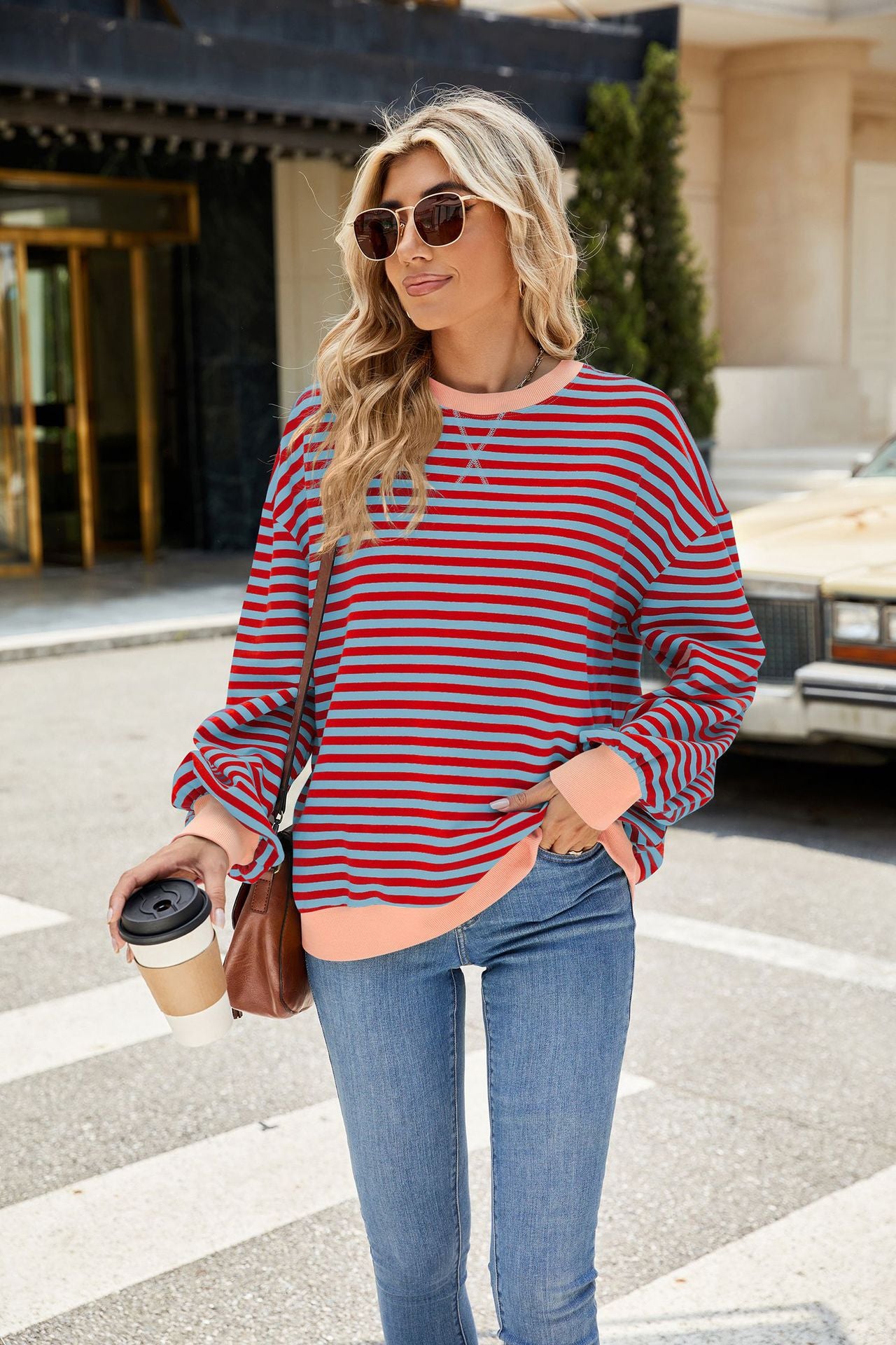 Striped Color Block Crew Neck Loose Fit Long Sleeve Sweatshirt