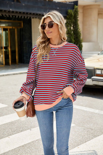 Striped Color Block Crew Neck Loose Fit Long Sleeve Sweatshirt