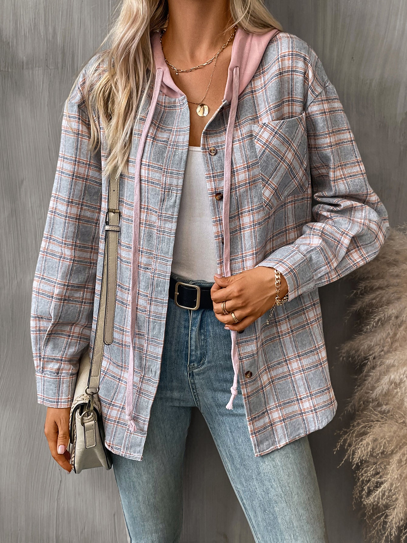 Plaid hooded button down shirt oversized fit