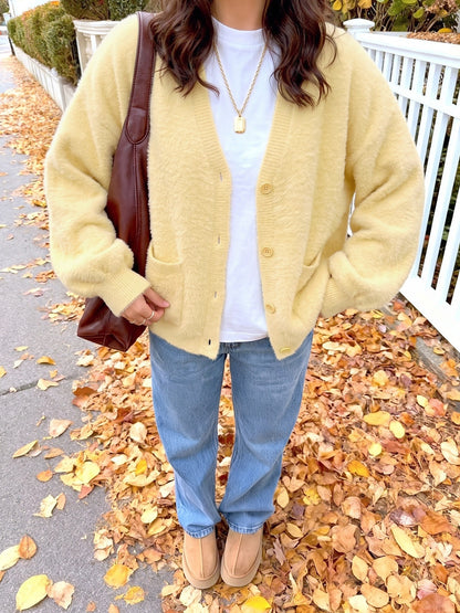 Women's Fuzzy Oversized Yellow Cardigan with Pockets
