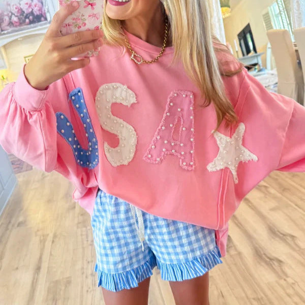 USA Patch Pearl Sweatshirt Batwing Sleeve Loose Fit
