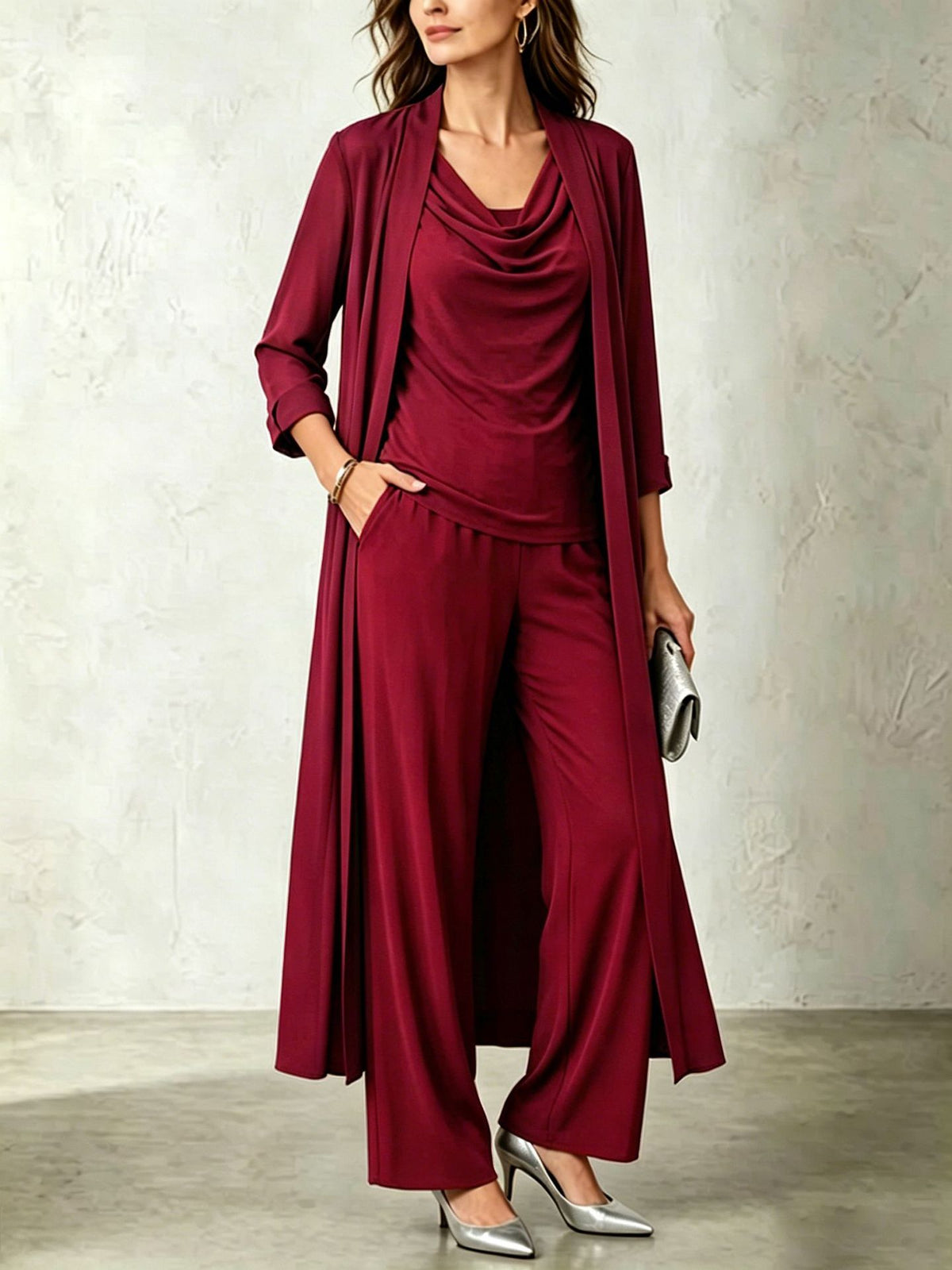 Women's 3 Piece Cowl Neck Long Cardigan Wide Leg Pants Set