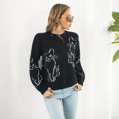 Women's Oversized Cat Graphic Sweater Crewneck Pullover