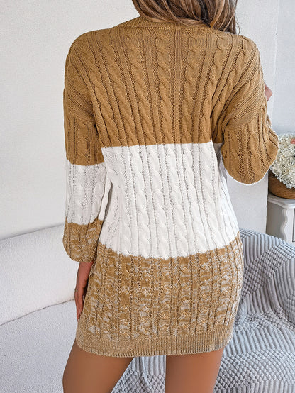 2025 Fall Winter Colorblock Cable Knit Lantern Sleeve Sweater Dress