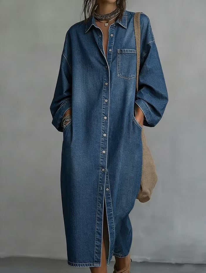 Oversized Denim Shirt Dress Button Front Midi