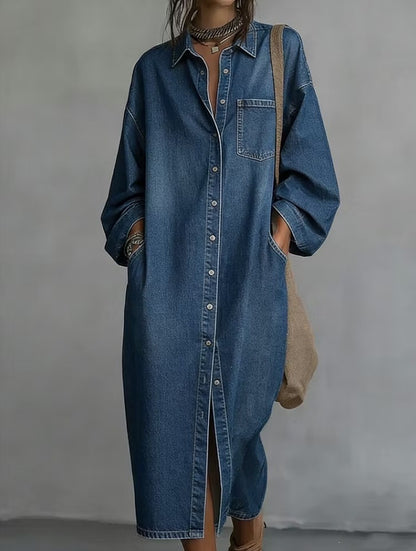 Oversized Denim Shirt Dress Button Front Midi