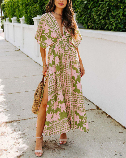 Boho Floral V Neck High Waist Split Maxi Dress
