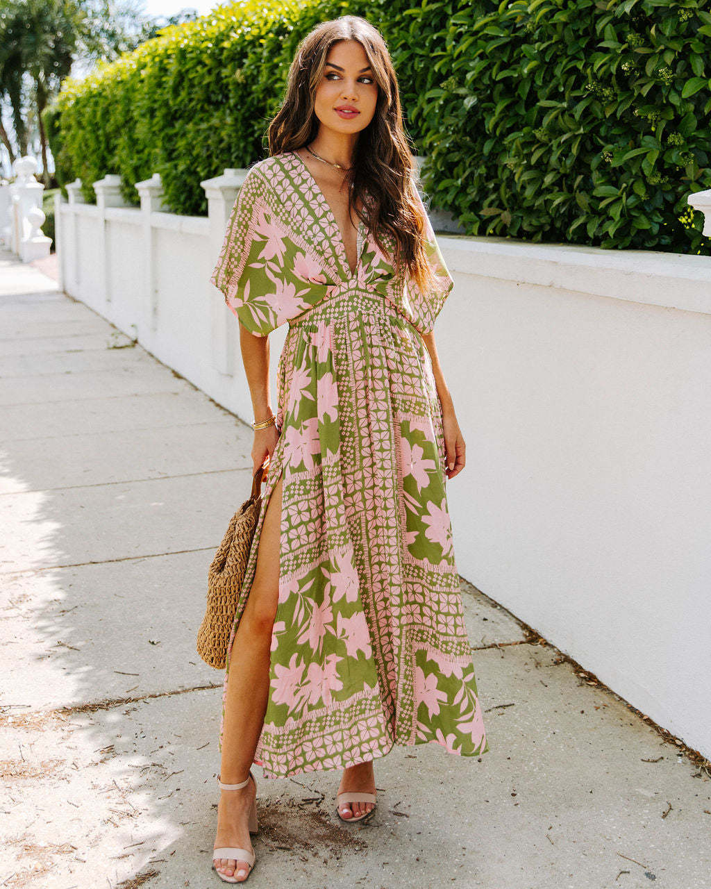 Boho Floral V Neck High Waist Split Maxi Dress