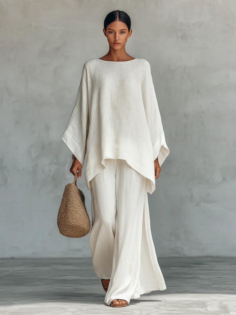 Linen Blend Batwing Top Wide Leg Pants Two Piece Set