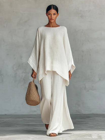 Linen Blend Batwing Top Wide Leg Pants Two Piece Set