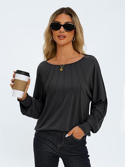 Women's Pleated Crewneck Balloon Sleeve Oversized Top