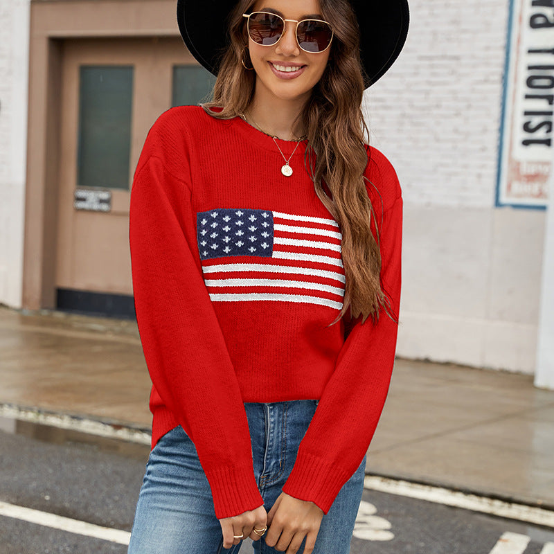 USA Flag Knit Sweater Patriotic Pullover for Women