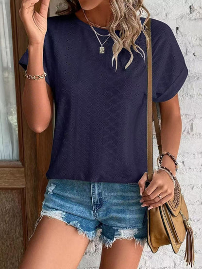 Solid Eyelet Short Sleeve Tee Loose Fit Casual Top
