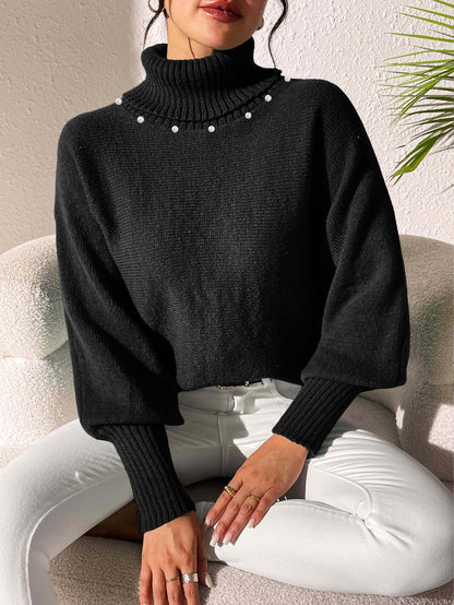 Women's Bottoming Shirt Solid Color Simple Beaded Turtleneck Sweater