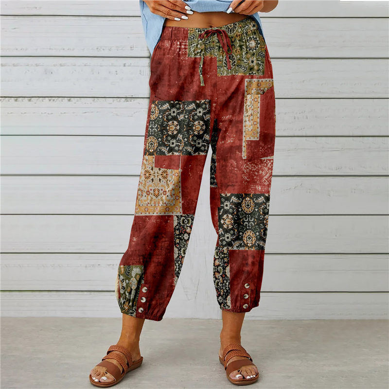 Women's Boho Floral High Waist Cotton Linen Joggers