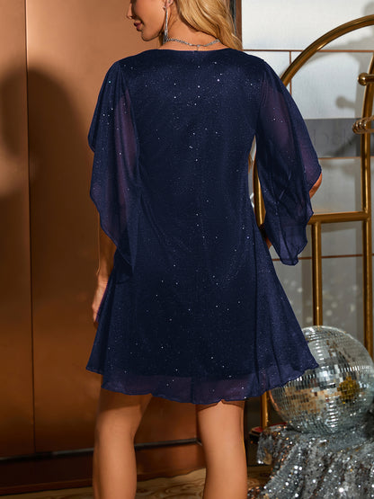 Women's Glitter V-Neck Cape Sleeve Party Mini Dress