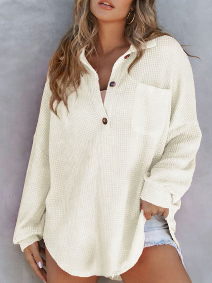 Women's Waffle Knit Oversized Collared Pocket Tunic Top