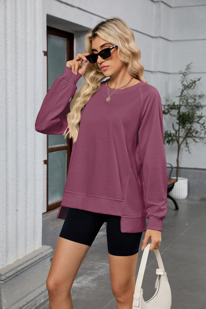 Women Oversized Crewneck Sweatshirt Long Sleeve Side Slit