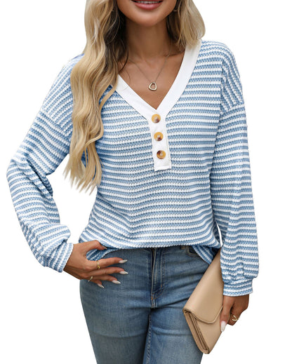 Striped V Neck Henley Long Sleeve Casual Knit Top