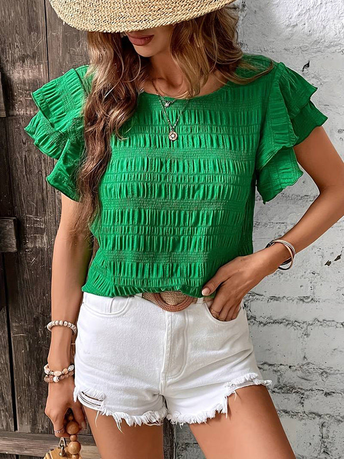 Ruffle Sleeve Crew Neck Casual Summer Blouse Top