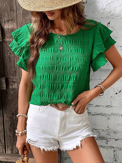 Ruffle Sleeve Crew Neck Casual Summer Blouse Top