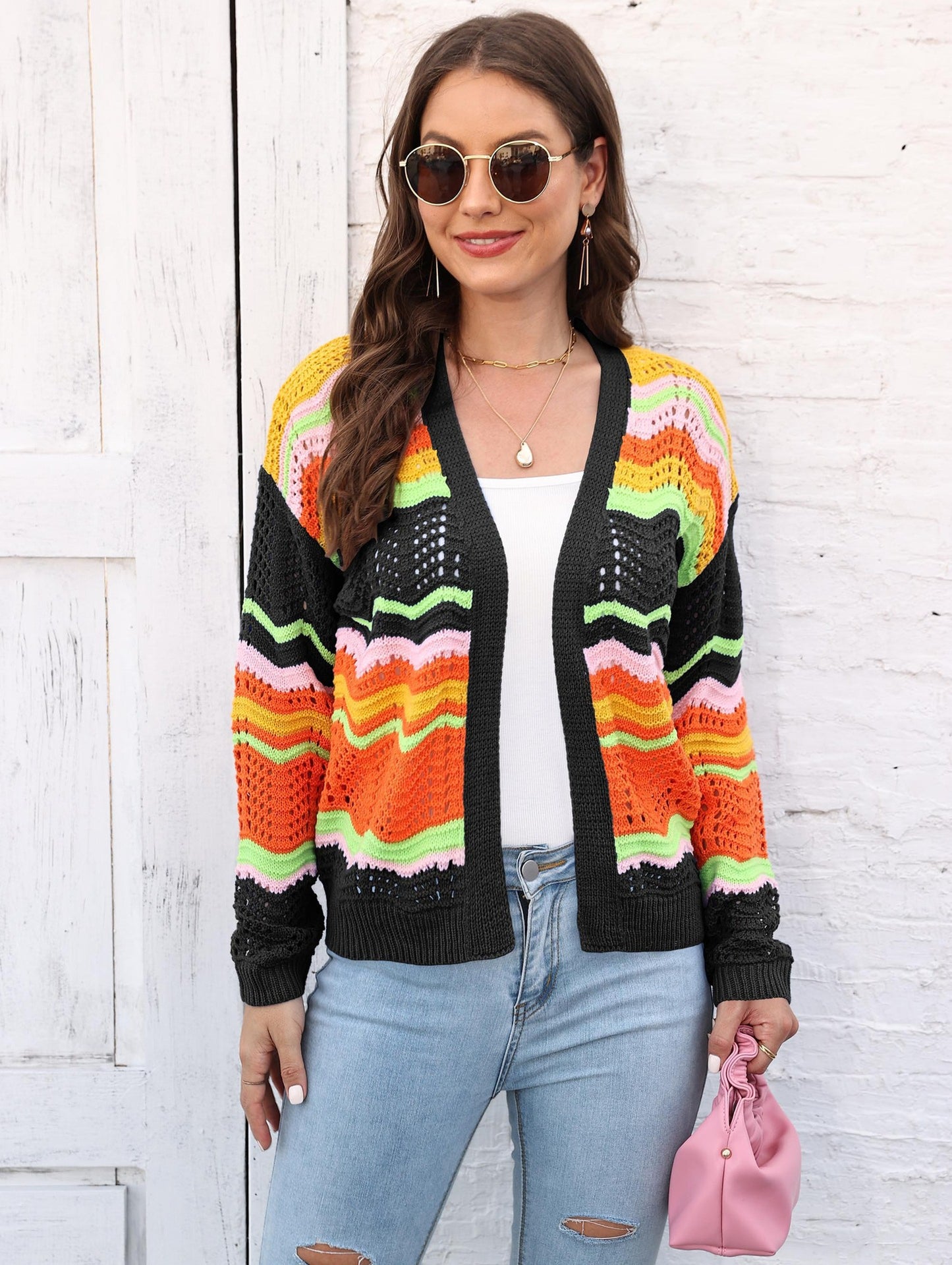 Women's Rainbow Patchwork Striped Sweater Jacket