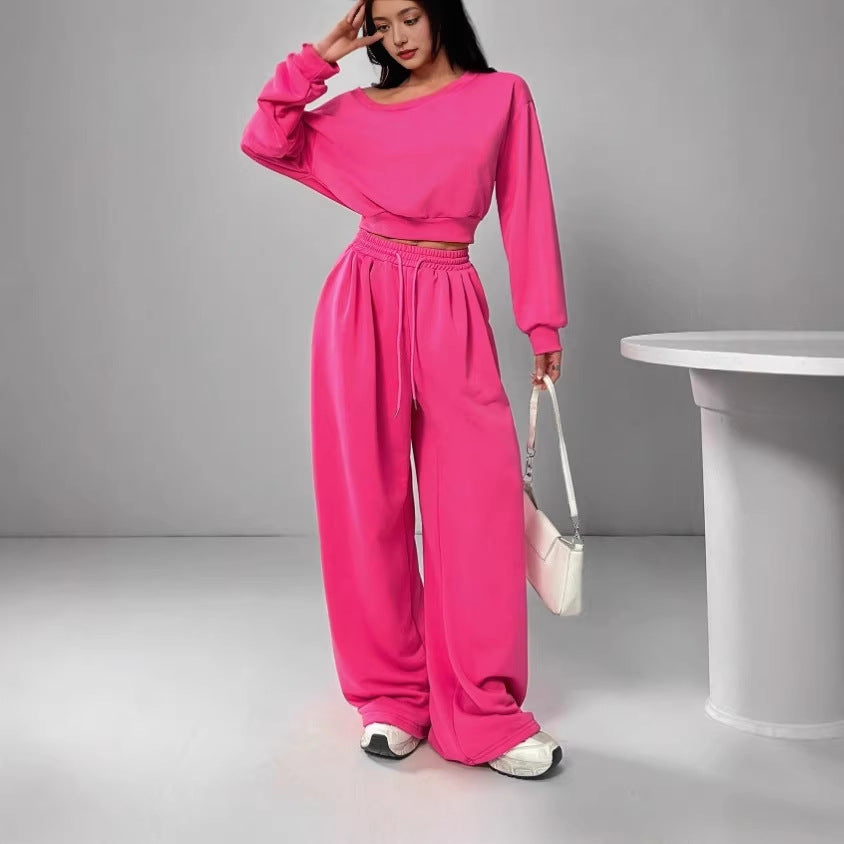 Off Shoulder Crop Sweatshirt Wide Leg Sweatpants Set