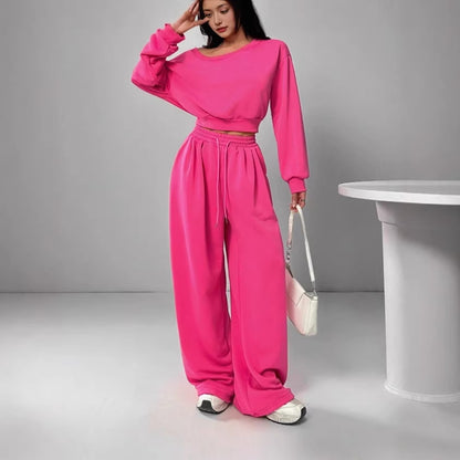 Off Shoulder Crop Sweatshirt Wide Leg Sweatpants Set