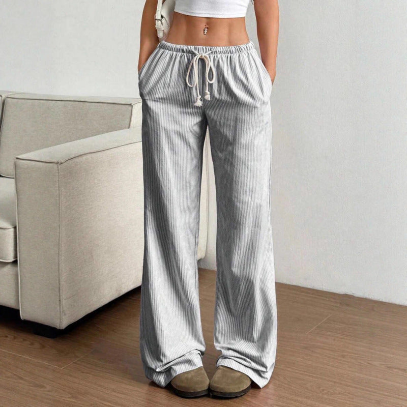 Women's Striped Wide Leg Drawstring Casual Pants