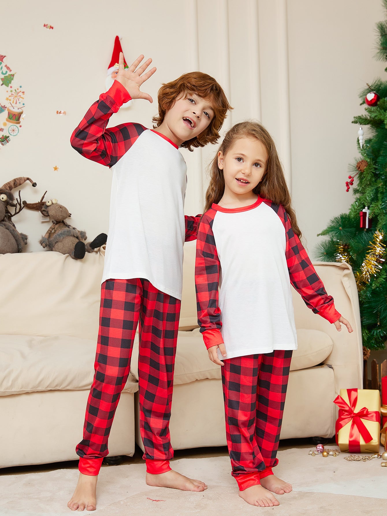 Solid Color Plaid Printing Christmas Parent-child Christmas Home Set