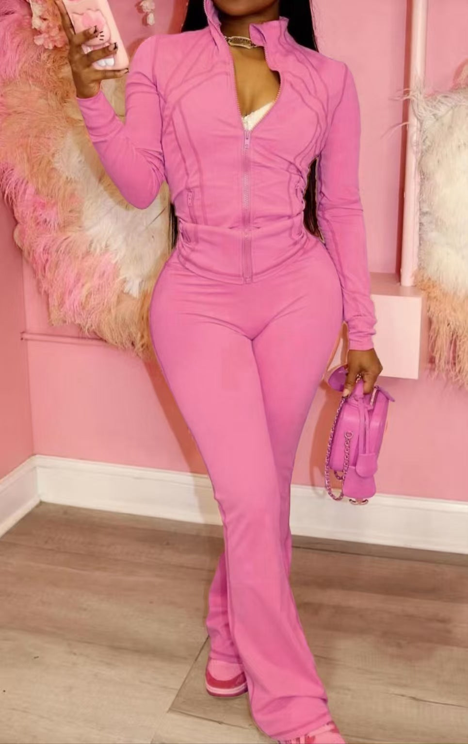 Women's Sexy Zip Up Crop Top & Flare Pants 2 Piece Set