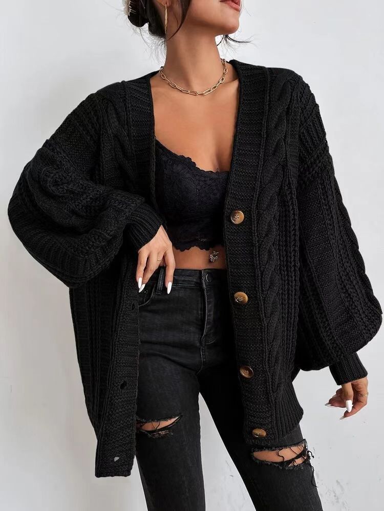 Oversized Cable Knit V-Neck Balloon Sleeve Cardigan