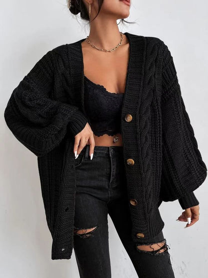 Oversized Cable Knit V-Neck Balloon Sleeve Cardigan