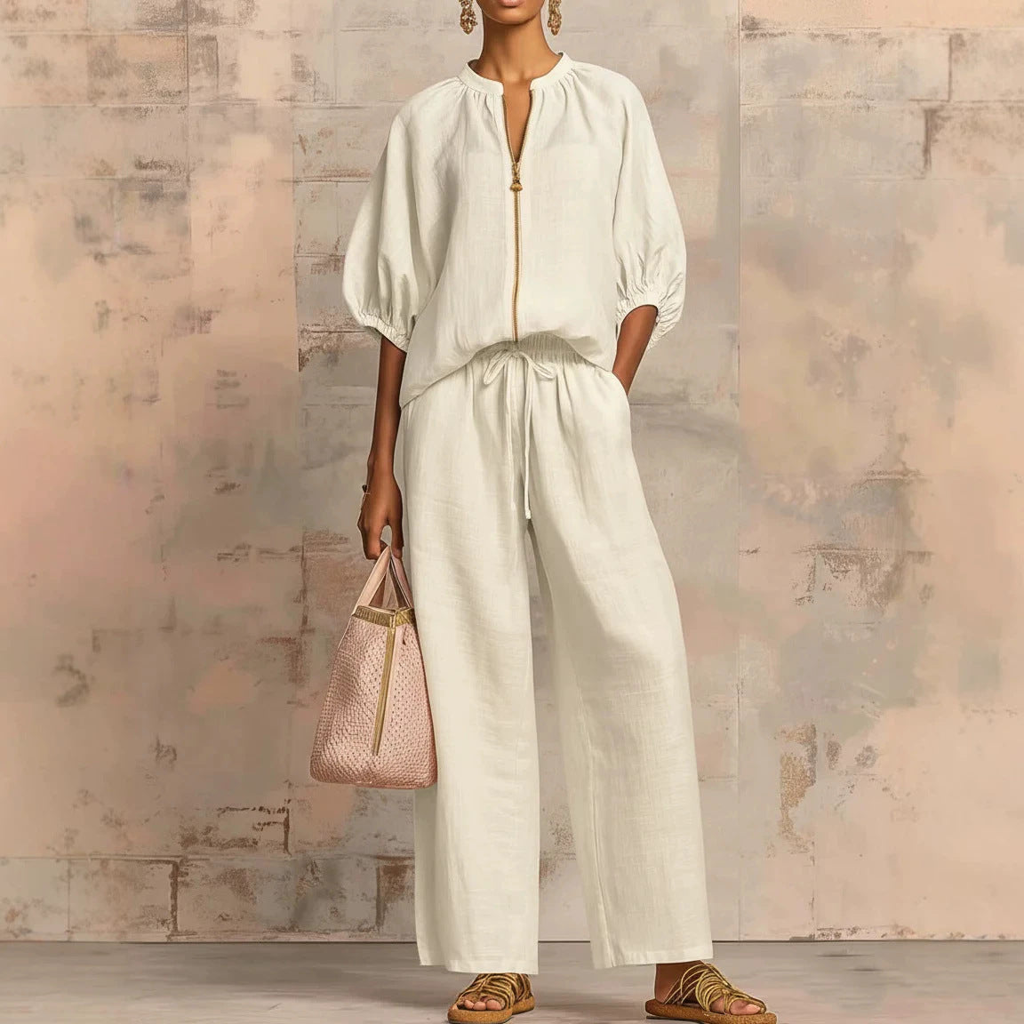 Women's Zip Front Bubble Sleeve Wide Leg Pants Set
