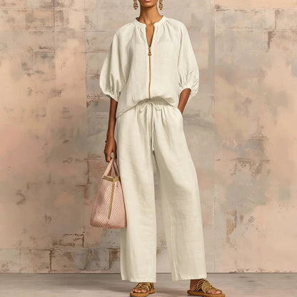Women's Zip Front Bubble Sleeve Wide Leg Pants Set